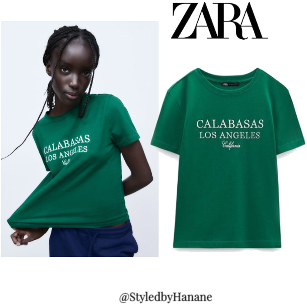 ZARA EMBROIDERED TEXT T-SHIRT  GREEN  CALABASAS LOS ANGELES